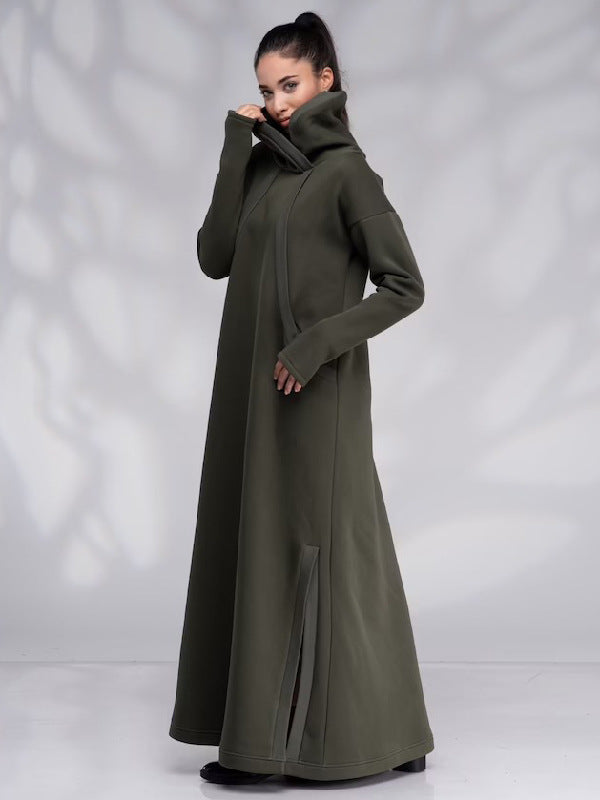 Casual Army Green High Neck Fall Long Dresses