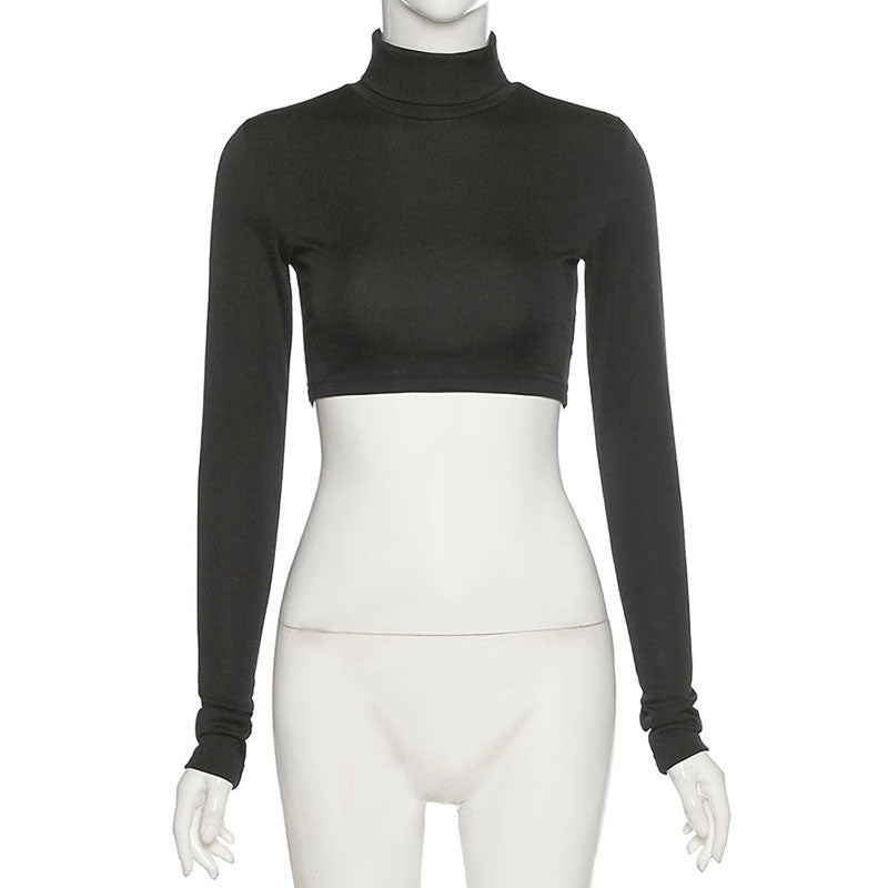 Sexy Long Sleeves High Neck Middriff Baring Women Tops