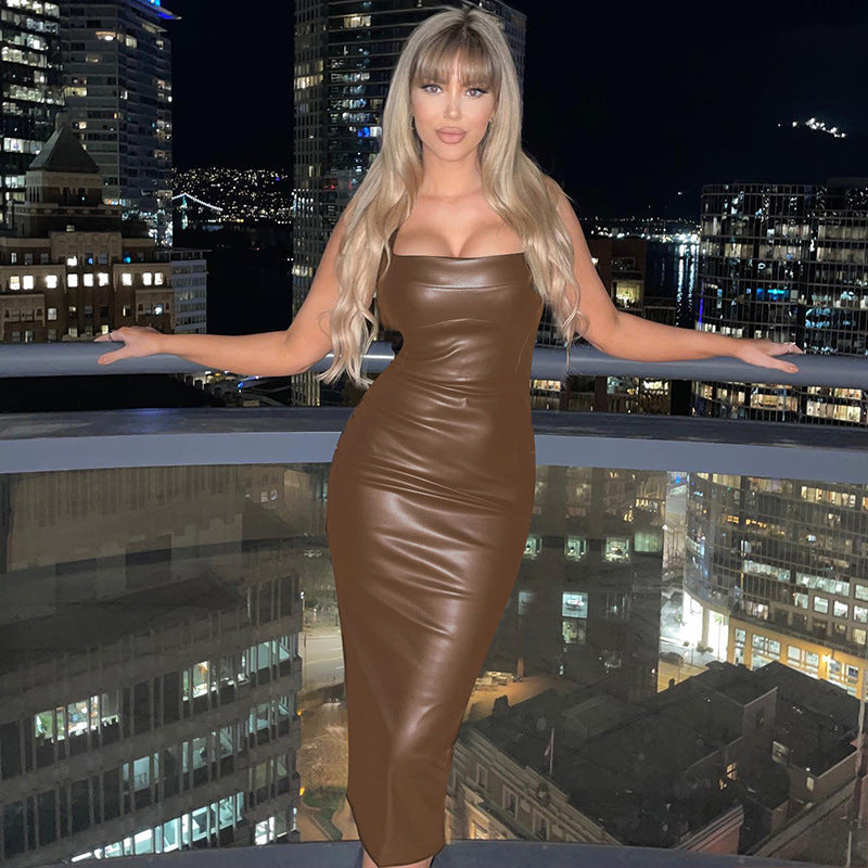 Sexy PU Leather Long Sleeveless Dresses