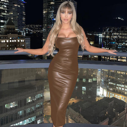 Sexy PU Leather Long Sleeveless Dresses