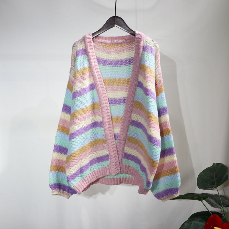 Colorful Striped Women Knitted Cardigan Outerwear