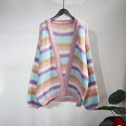 Colorful Striped Women Knitted Cardigan Outerwear
