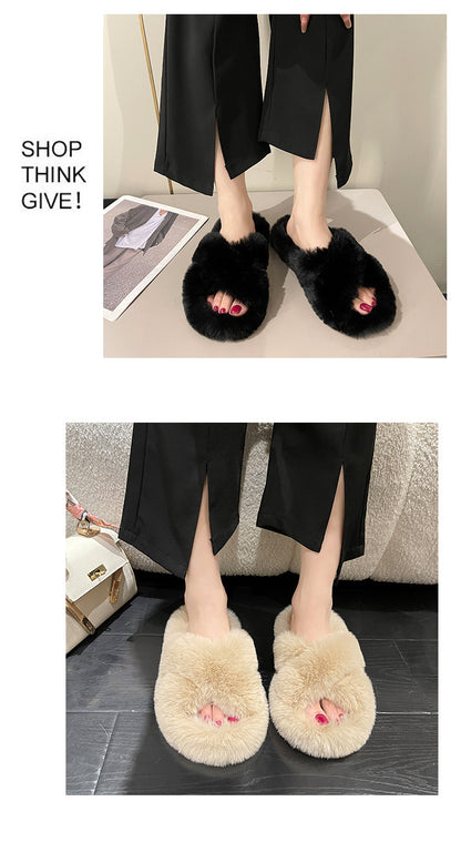 Crossed Plush Winter Slippers for Women
