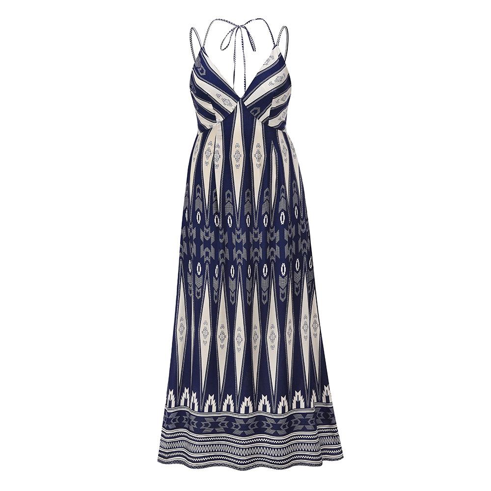 Summer Women V Neck Backless Long Maxi Dresses-STYLEGOING