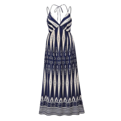 Summer Women V Neck Backless Long Maxi Dresses-STYLEGOING