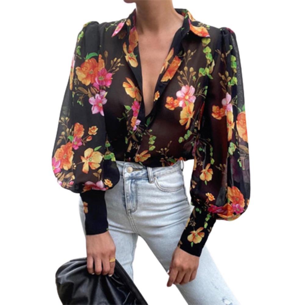 Black Floral Print Long Sleeves T Shirts-STYLEGOING