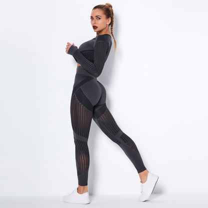 Sexy Hollow Out Long Sleeves Tops and Leggings Sets for Yoga Sporting