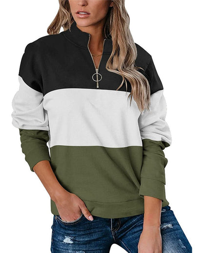 Women Casual Contrast 3 Colors Zipper Neck Fall Hoodies