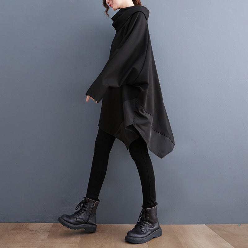 Black Pullover Long Sleeves Irregular Hoodies for Women