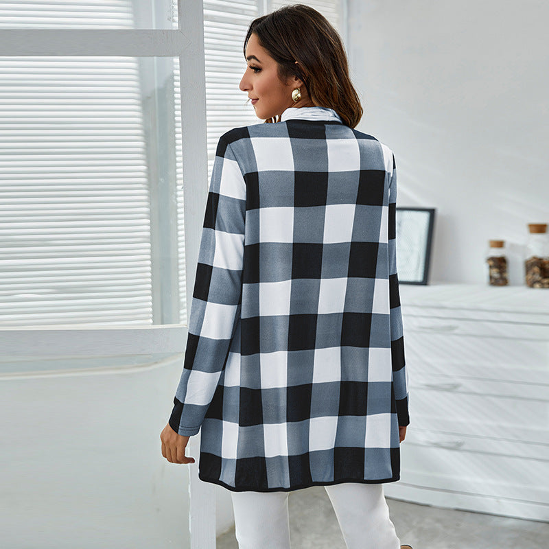Casual Pocket Design Plaid Women Coats