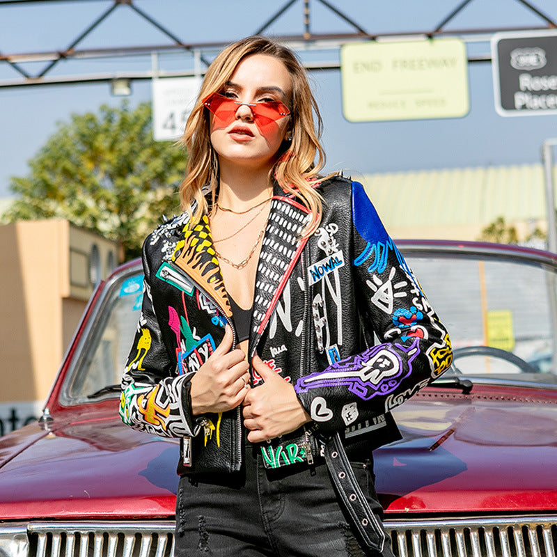 Fashion Grafitti Design Women PU Jacket Coat