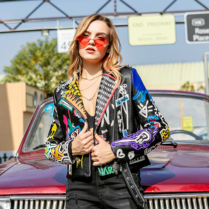 Fashion Grafitti Design Women PU Jacket Coat