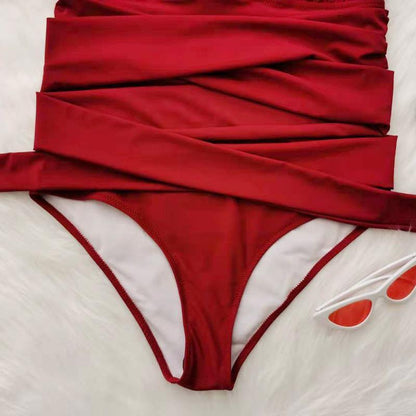 Wine Red Halter Plus Sizes Swimwear-STYLEGOING