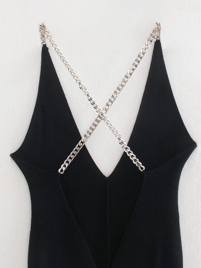 Sexy Black Backless Knitting Crossed Chains Women Dresses