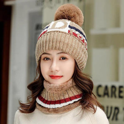 Women Fleeced Lined Knitting Warm Hats+Scarfs-Khaki-56-60cm-Free Shipping at meselling99