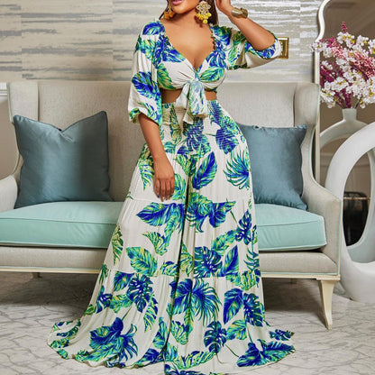 Casual Leaf Print Two Pieces Women Suits