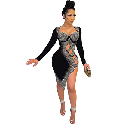 Sexy Long Sleeves Diamond Night Club Dresses-STYLEGOING