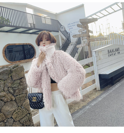 Winter Pink Artifical Fur Soft Overcoat for Women