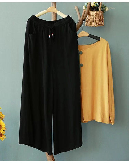 Vintage Linen Elastic Waist Summer Wide Legs Pants for Women