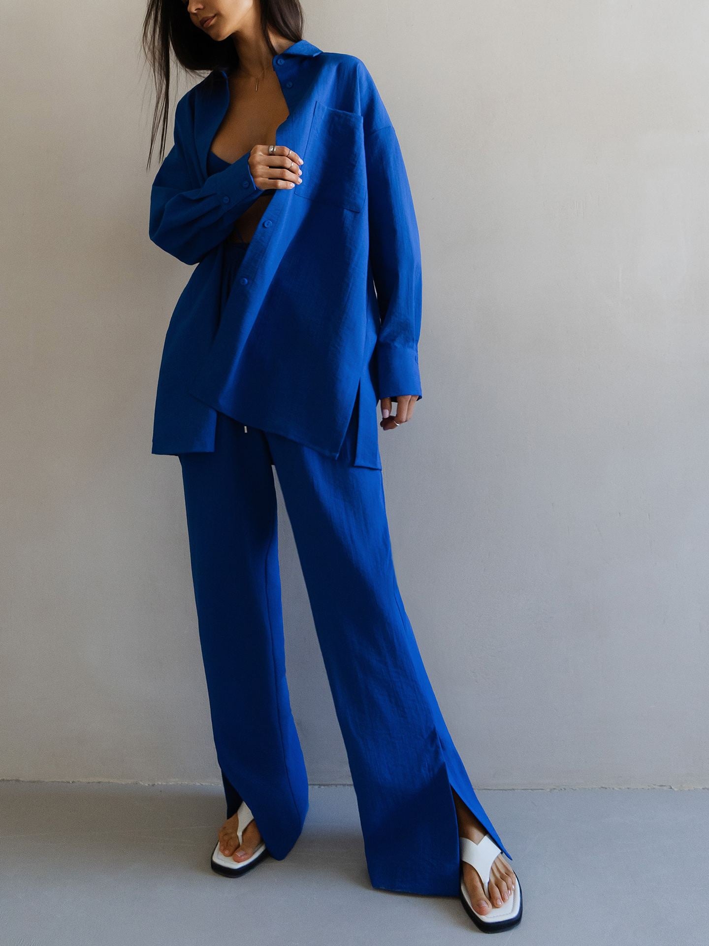 Casual Long Sleeves Shirts and Wide Legs Pants Suits