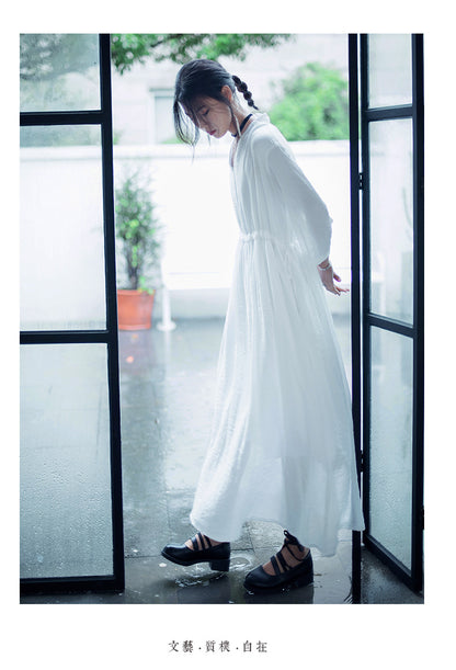 Casual Linen Half Sleeves Drawstring Long Cozy Dresses
