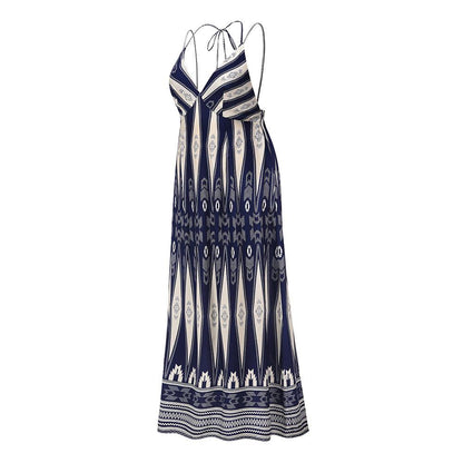 Summer Women V Neck Backless Long Maxi Dresses-STYLEGOING