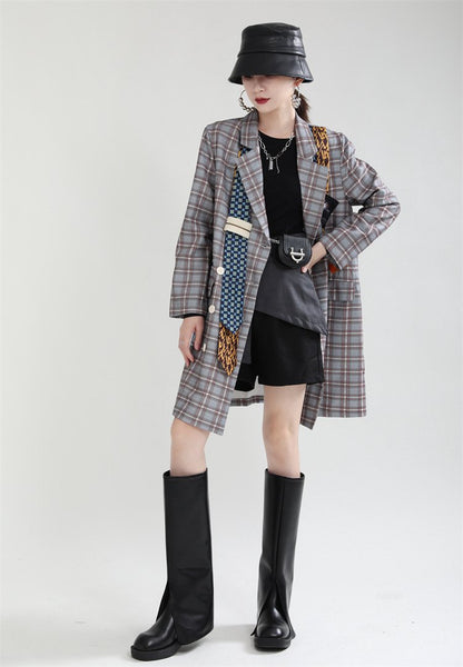 Women Double Breasted Fashion Necktie Blazer Coat