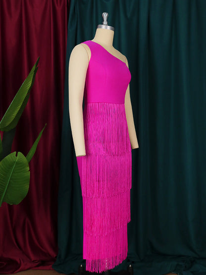 Sexy Summer Rose Red One Shoulder Tassles Party Dresses
