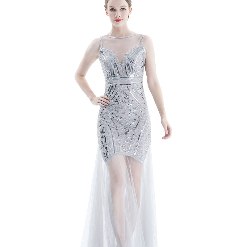 1920s Vintage Sequined Tulle Evening Party Long Dresses