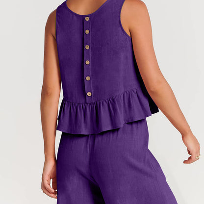 Summer Sleeveless Linen Two Pieces Women Suits