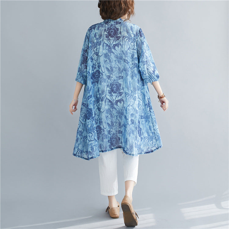 Blue Plus Sizes Long Women Shirts