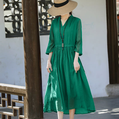 Casual Linen Half Sleeves Drawstring Long Cozy Dresses