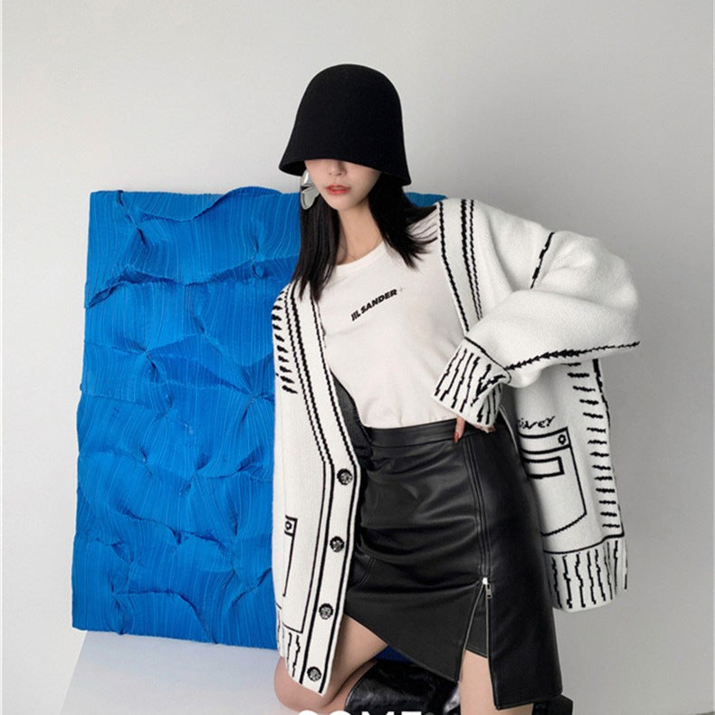 Black and White Graffiti Loose Knitted Sweater Cardigans