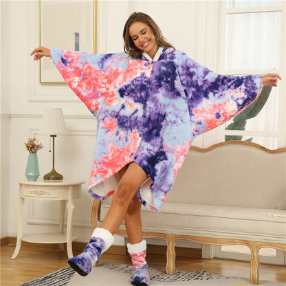 Dyed Lazy Wearable Fleece Throw Blanket Cape with Socks