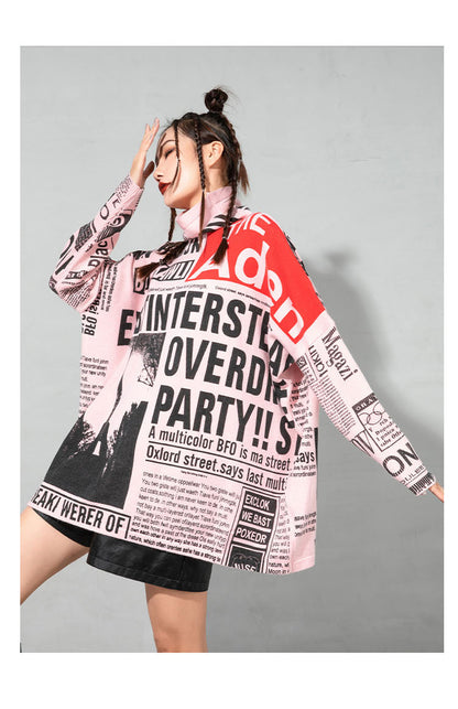Plus Sizes Turtleneck Newspaper Print Women Sweaters