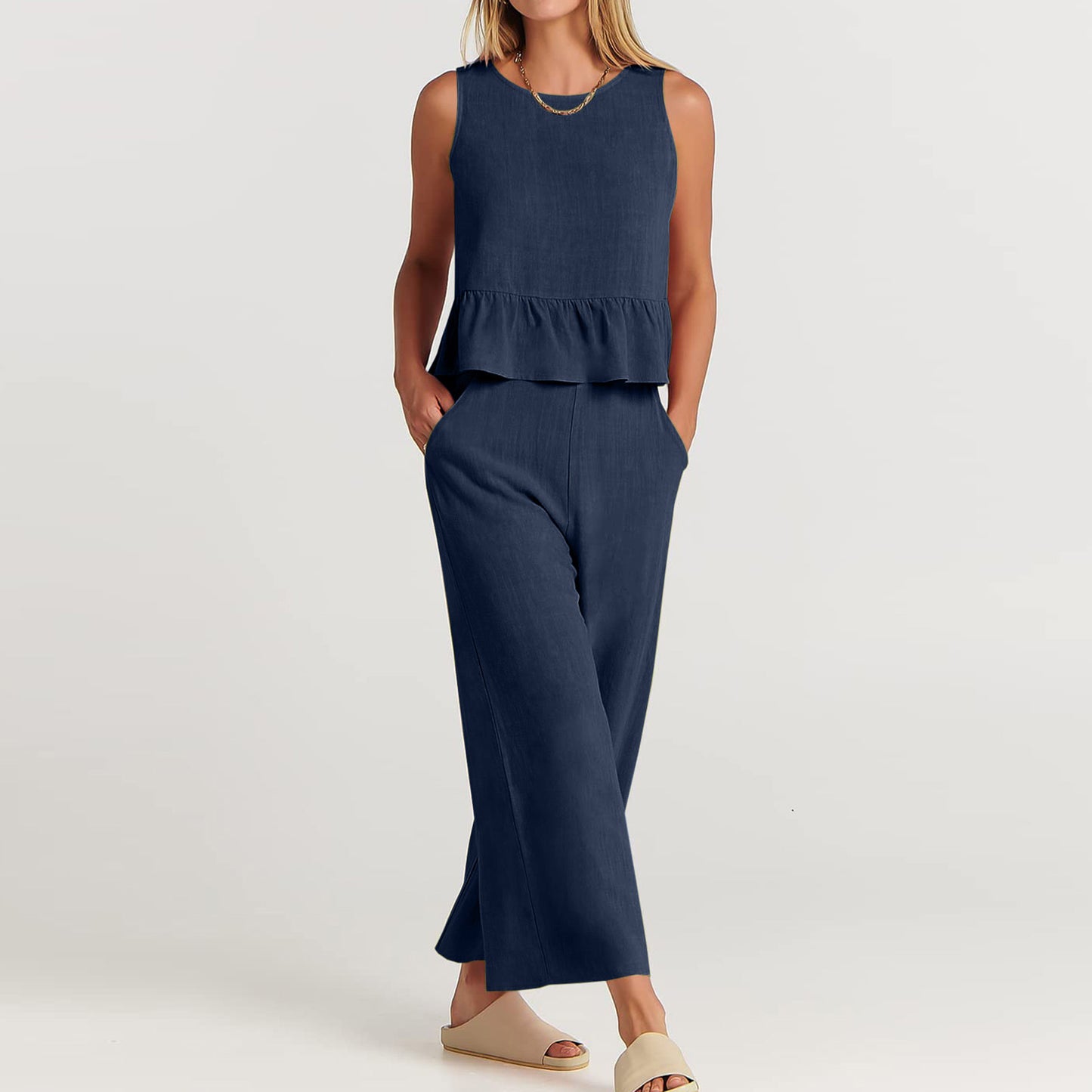 Summer Sleeveless Linen Two Pieces Women Suits
