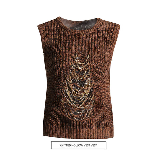 Vintage Brown Knitted Tank Top Vest for Women