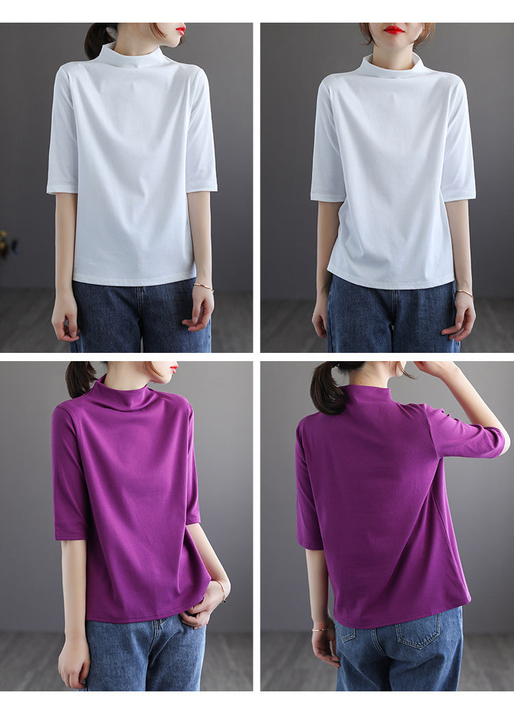 Vintage Half Sleeves Women High Neck T Shirts