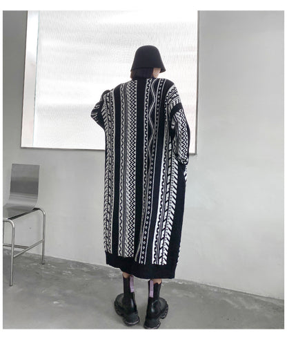 Casual Black Striped Long Knitting Cardigan Tops