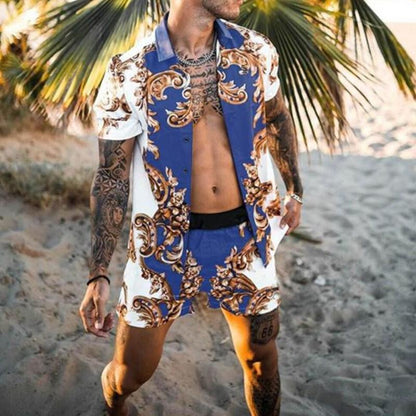 Blue Summer Floral Print Men Casual Suits-STYLEGOING