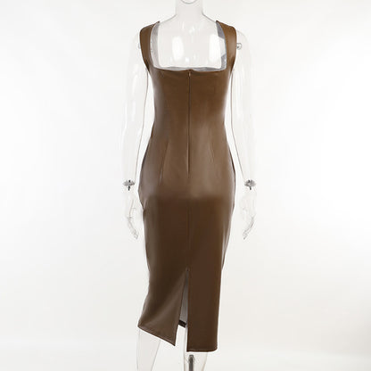 Sexy PU Leather Long Sleeveless Dresses