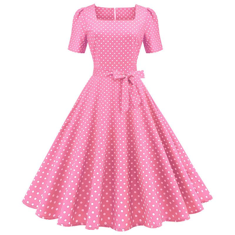 Short Sleeve Square Neckline Print Dot Dresses-STYLEGOING