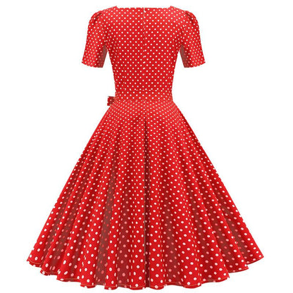 Short Sleeve Square Neckline Print Dot Dresses-STYLEGOING