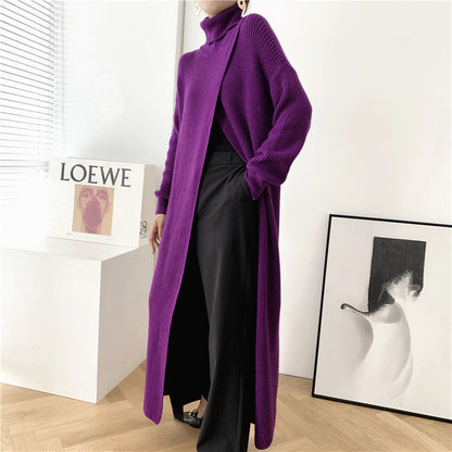 Designed High Neck Split Knitted Pullover Long Dresses