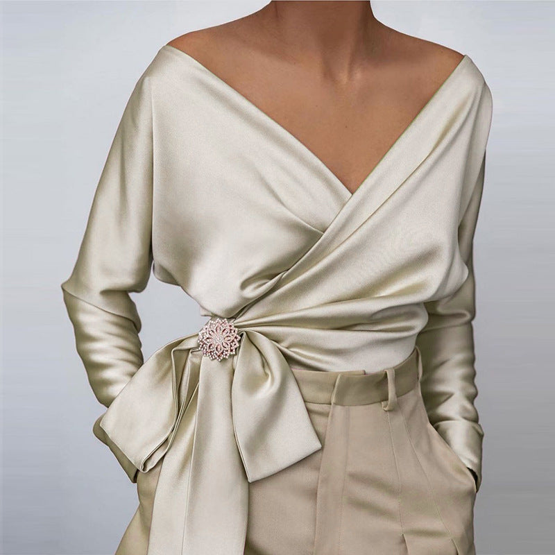 Sexy V Neck Satin Long Sleeves Tops for Women