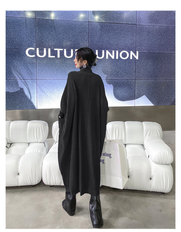 Women High Neck High Low Designed Knitted Long Cozy Dresses