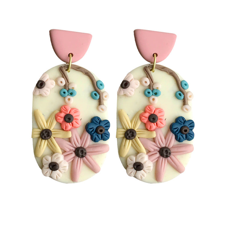 Engraved Flowers Handmade Clay Earrings for Women