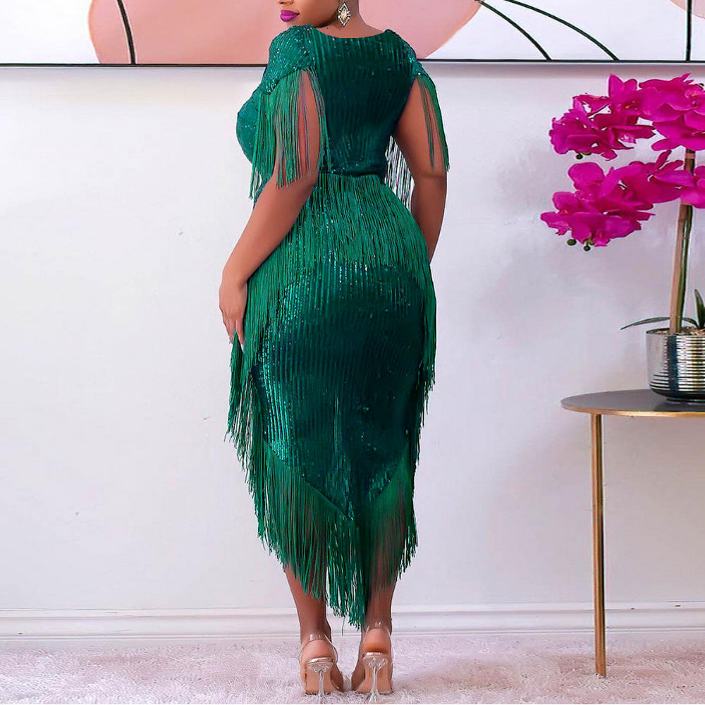 Green Tassels Design Irregular Party Dresses