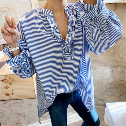 Casual Striped Ruffled Fashion Long Sleeves Shirts