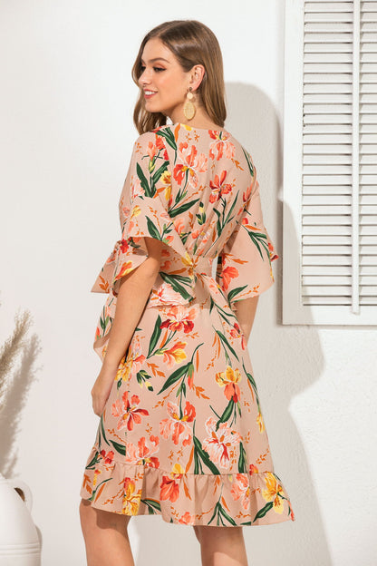 Casual V Neck Floral Print Ruffled Short Daily Dresses